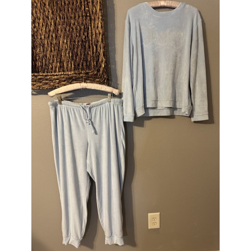 Juicy Couture Velour 2pc Top Track Pants Set Y2K Blue Crystals Women’s L Large - Picture 2 of 10